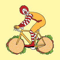 Ronald McDonald on bike with hamburger wheels, 5x5 print