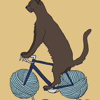 Cat riding bike with yarn ball wheels, 5x7 print