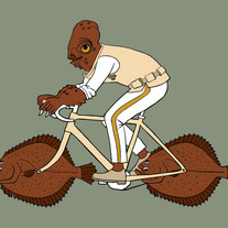 Admiral Ackbar riding bike with fish wheels, 5x7 print