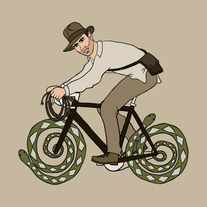Indiana Jones riding bike with snake wheels, 5x5 print
