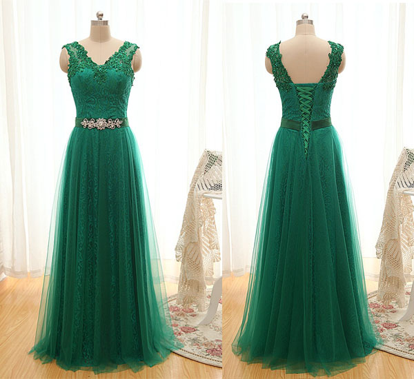 Green prom dress,long prom dress,lace prom dress,cheap Prom Dresses