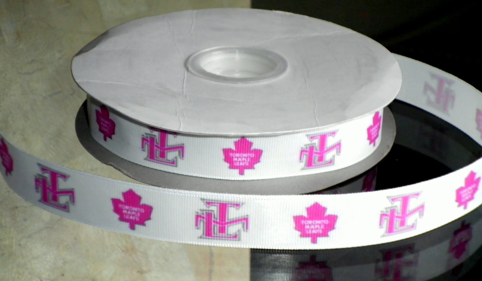 7/8" Toronto Maple Leafs Inspired PINK logo Custom Printed Grosgrain