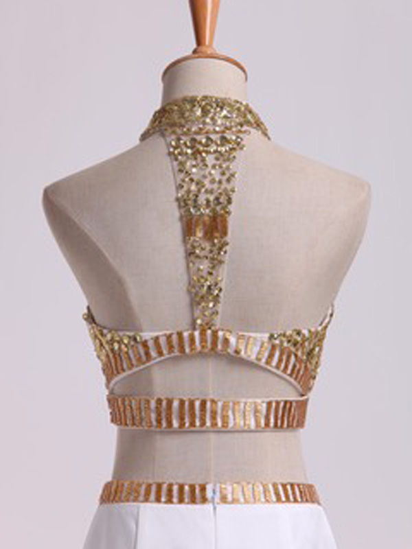 white gold dresses,White and Gold Sheath/Column High Neck Floorlength