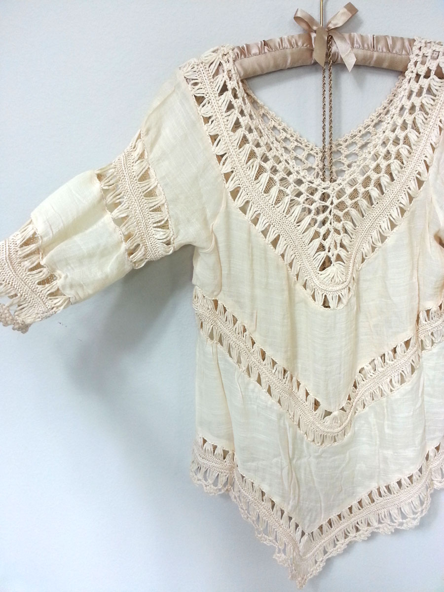 Cream Macrame Crochet Gauze Boho, Beach Gypsy Style 3/4 Sleeve V Neck