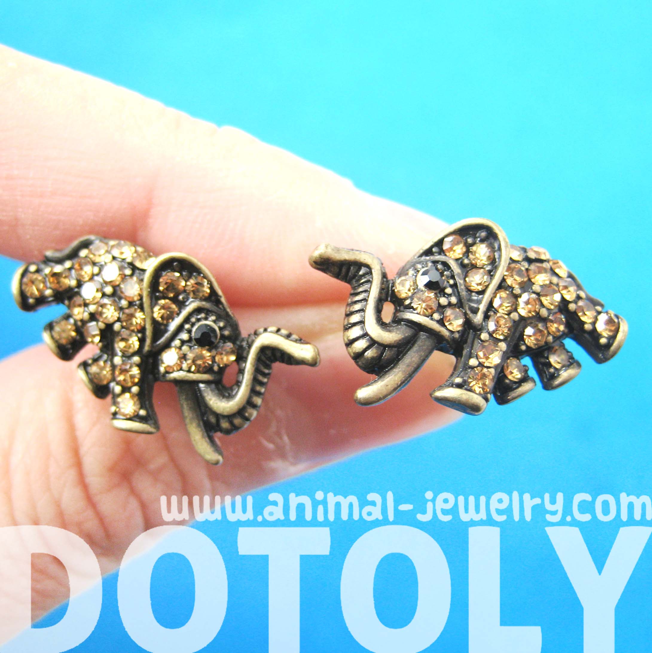 Unique Elephant Animal Stud Earrings in Bronze with Rhinestones