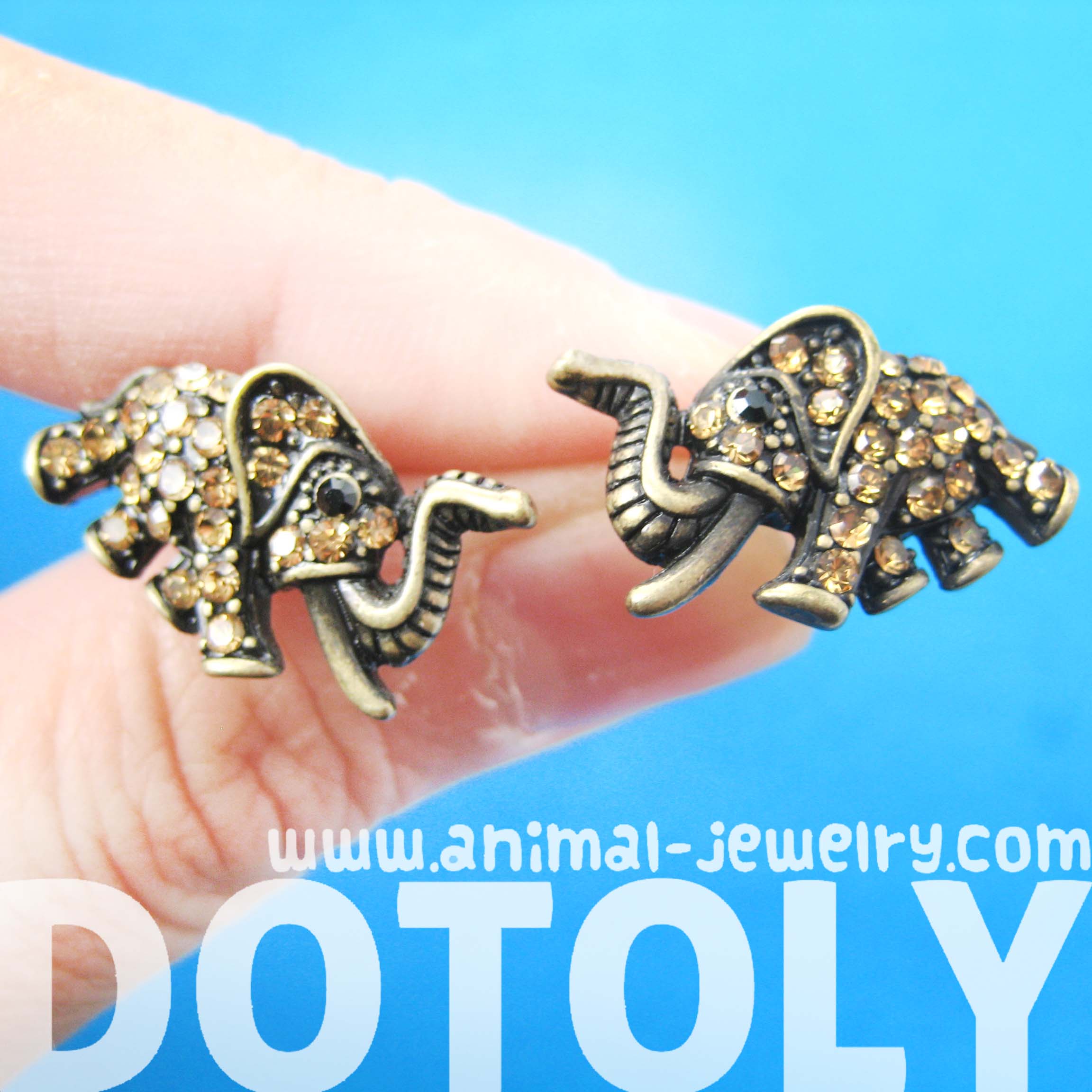 Unique Elephant Animal Stud Earrings in Bronze with Rhinestones