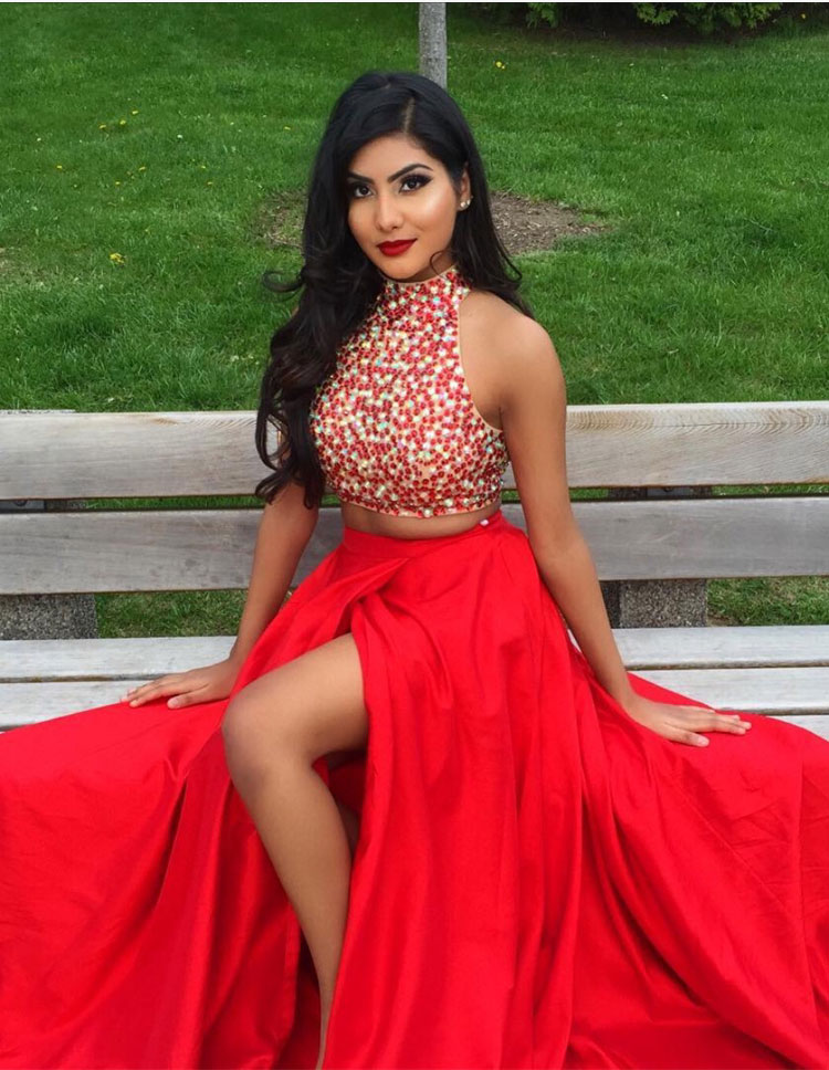 red sequin two piece