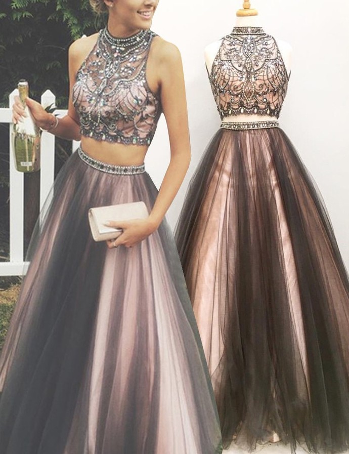 TwoPiece High Neck FloorLength Rhinestone Grey Prom Dress with