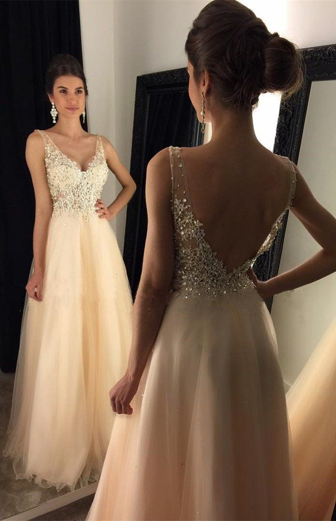 Sexy Backless Lace Evening Prom Dresses Champagne Long Party Prom Dress Custom Long Prom 