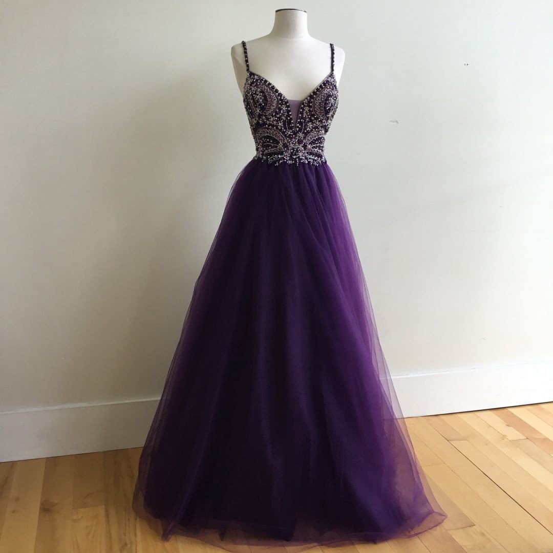 High Fashion ALine Spaghetti Straps Purple Long Prom Dress with