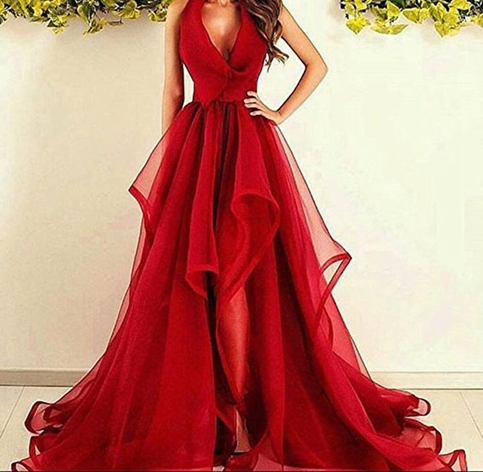 red evening dress with sleeves