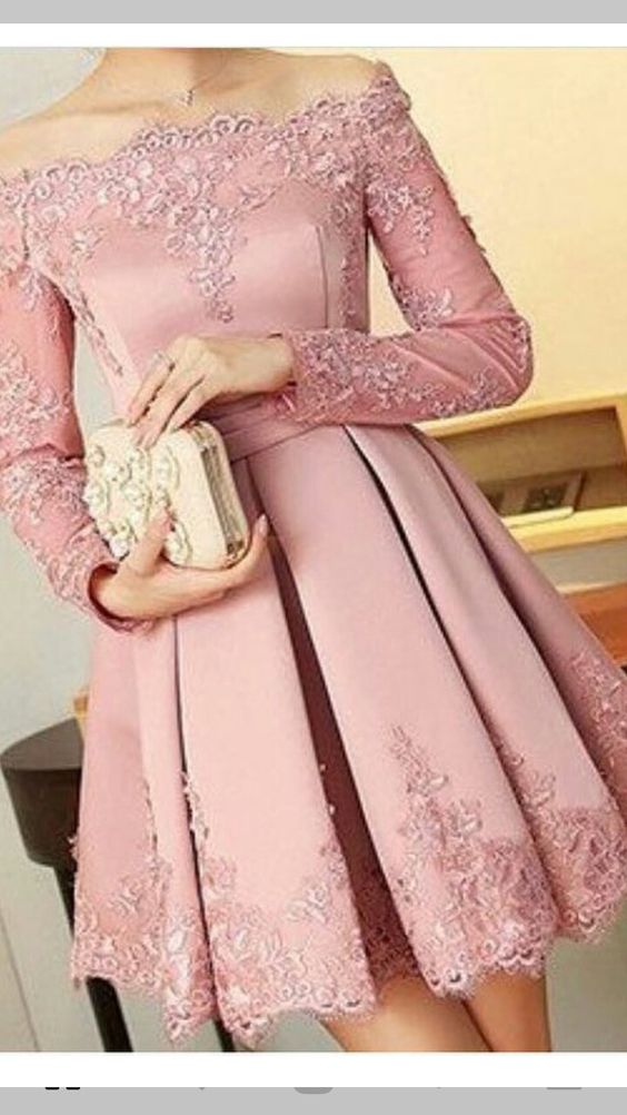 Pink Lace Dresses,Off Shoulder Dresses, Appliques