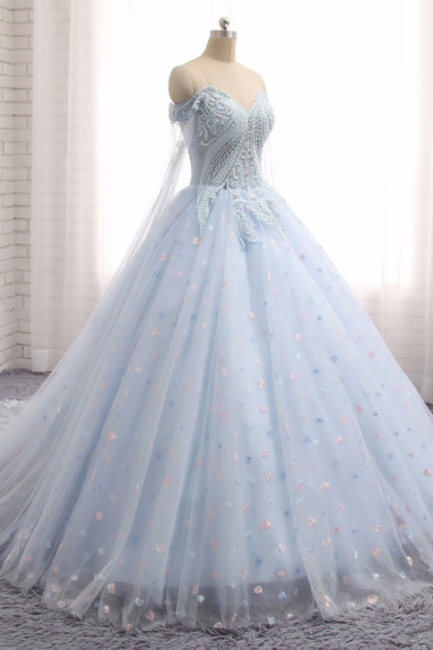 Sweetheart baby blue tulle long lace appliques wedding ...