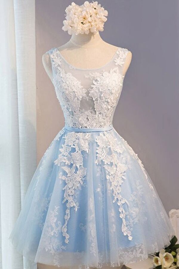 Light Blue Sleeveless Dress,Round Neck Applique Short Prom