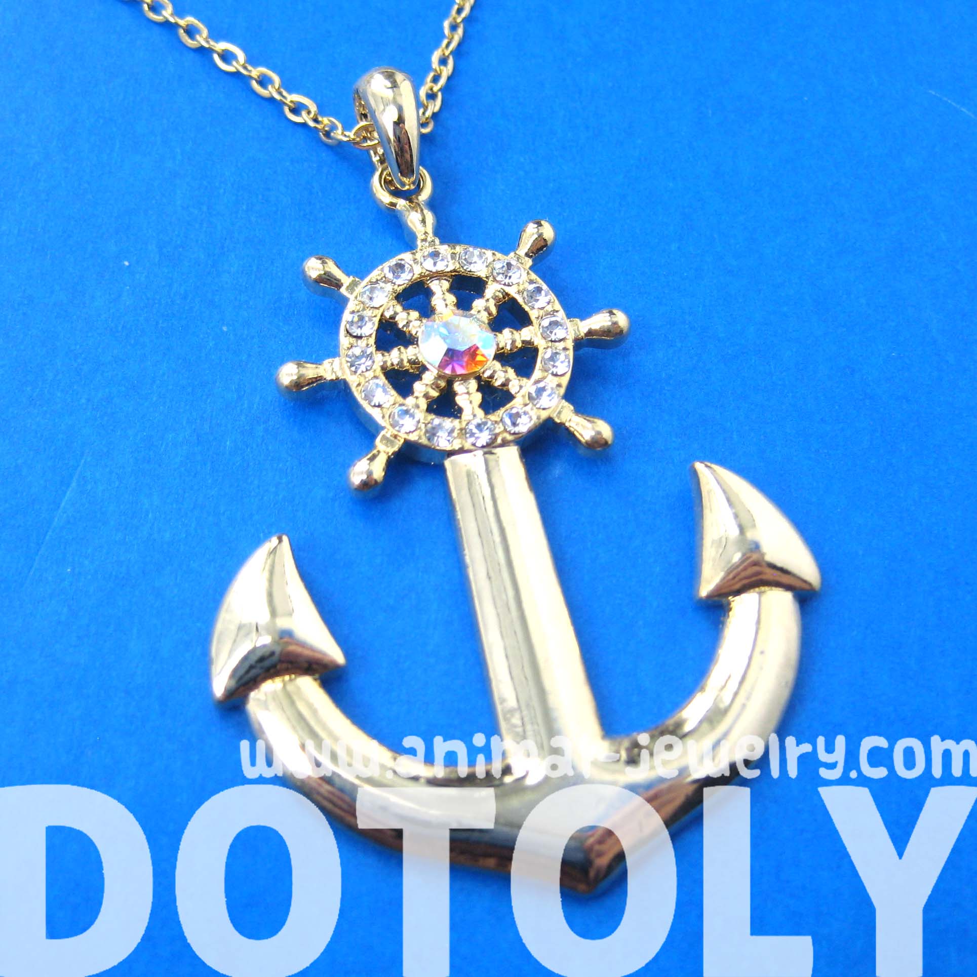 Nautical Anchor and Wheel Pendant Necklace in Gold with Rhinestones on