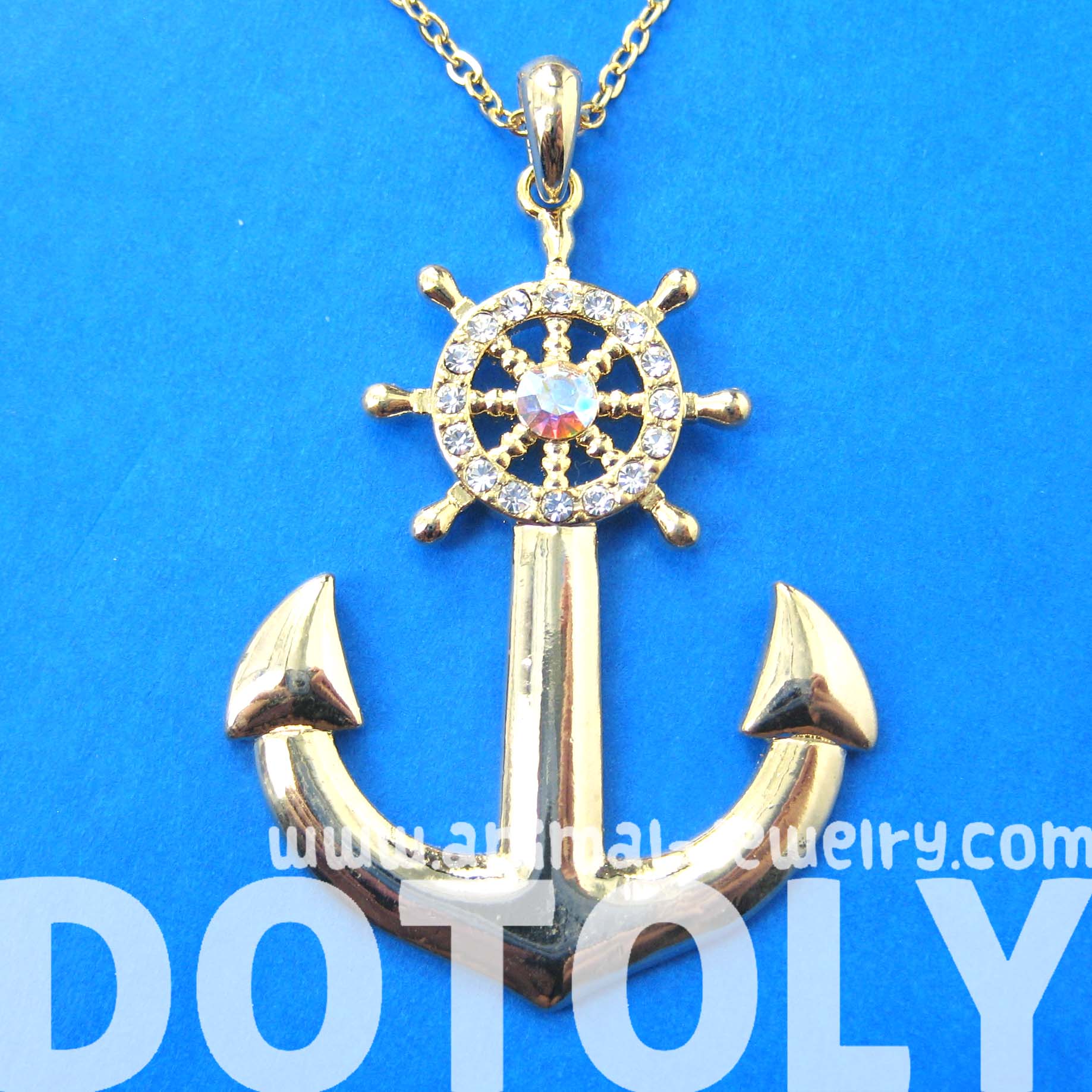 Nautical Anchor and Wheel Pendant Necklace in Gold with Rhinestones on