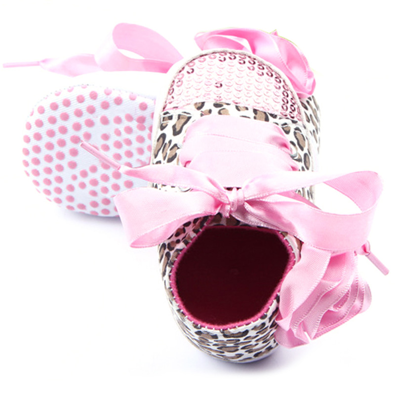 Girls Pink Leopard Print Shoes with Silk Shoe Laces & Sequined Toe