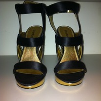 Bebe Black/Gold Strap Up Heels(Size 7)