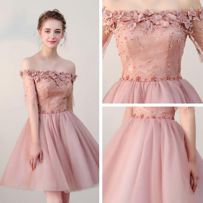 chic homecoming dresses short pearl pink off the shoulder tulle