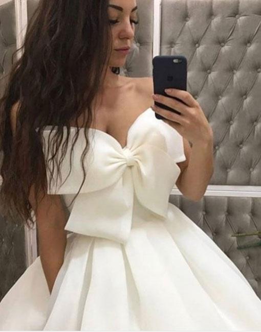 White Bow Evening Dress,Long White Prom Dress,Strapless Evening Dress
