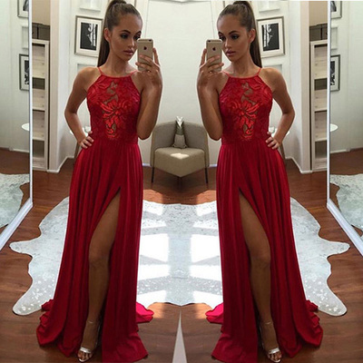 Halter Prom Dress Red Chiffron