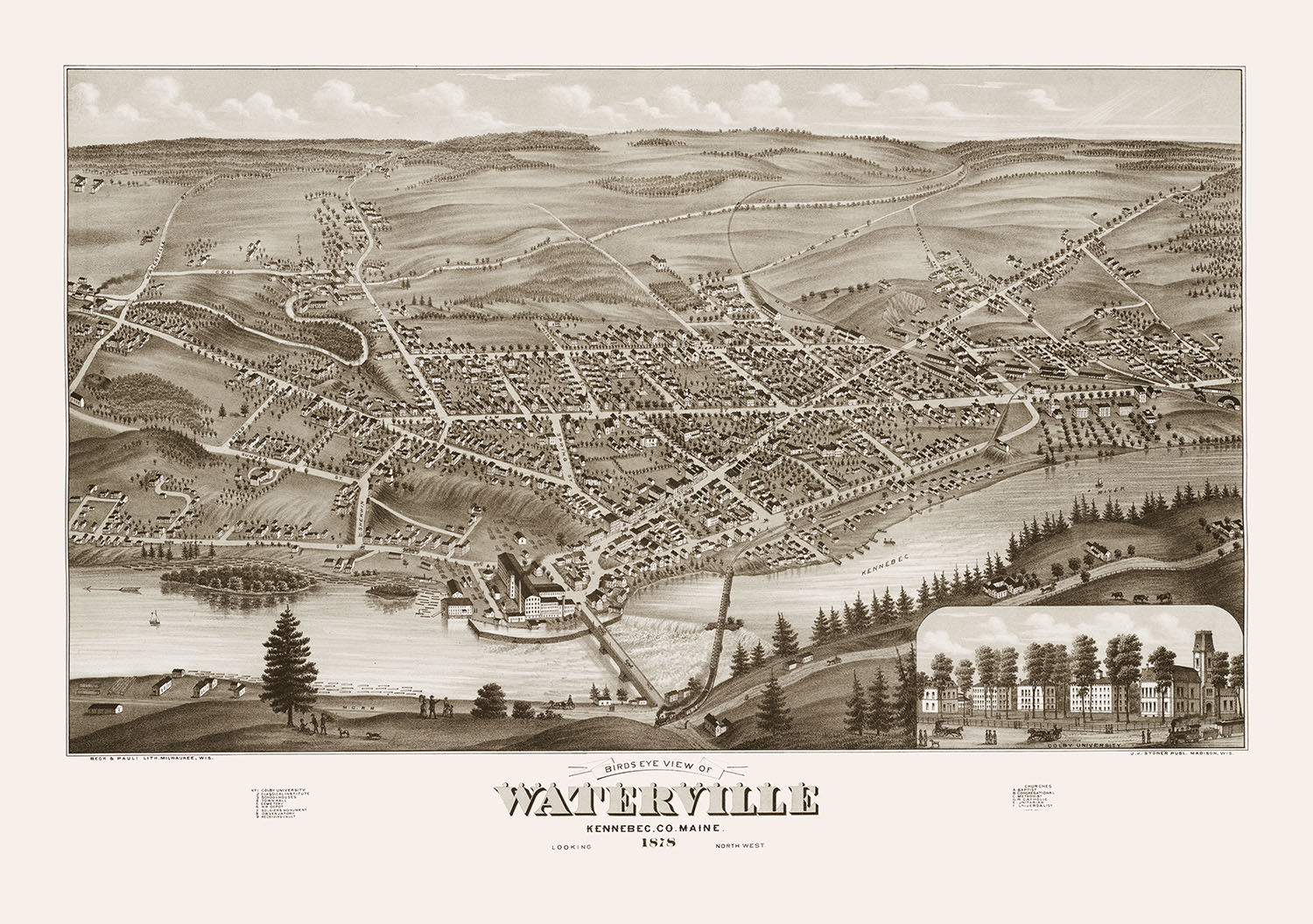 Waterville, Maine in 1878 Bird's Eye View Map, Aerial, Panorama