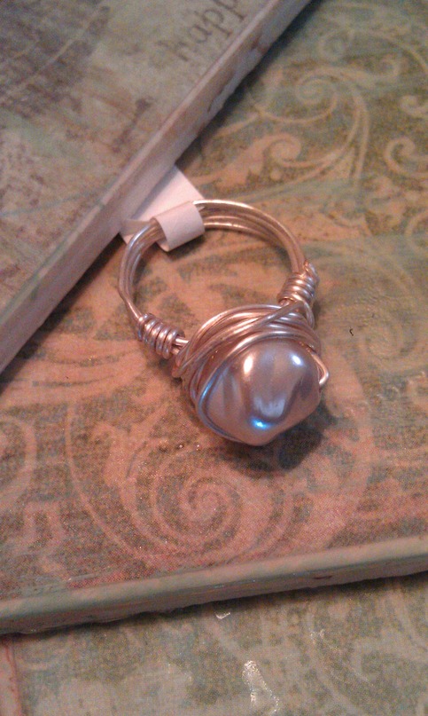 Dented Pearl Wire Wrapped Ring