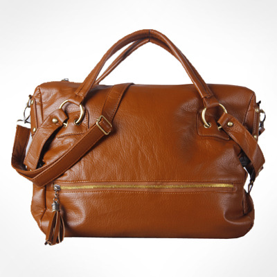Women's Tasselled Soft PU Leather Handbag With Rivits and Ring-Brown