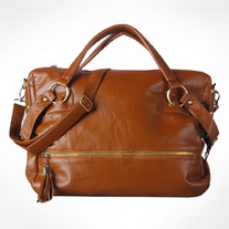 Women's Tasselled Soft PU Leather Handbag With Rivits and Ring-Brown