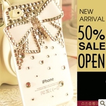 Bling Big White Bow With Tiny Crystals On White Case For iPhone 4