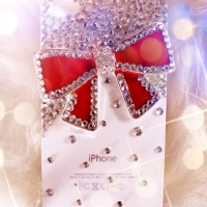 New Bling Big Red Bow With White Crystals on White Case For Apple iPhone 4 (#326)