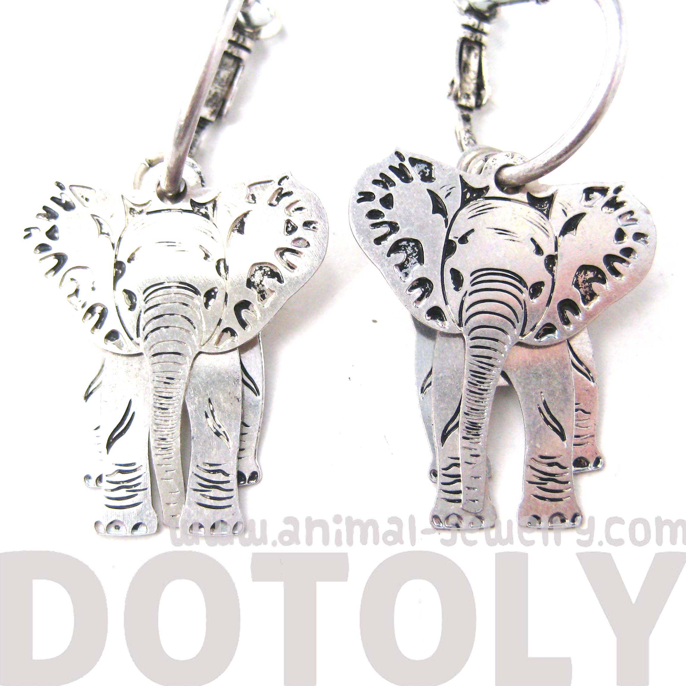Realistic Elephant Shaped Three Part Dangle Earrings in Silver · DOTOLY