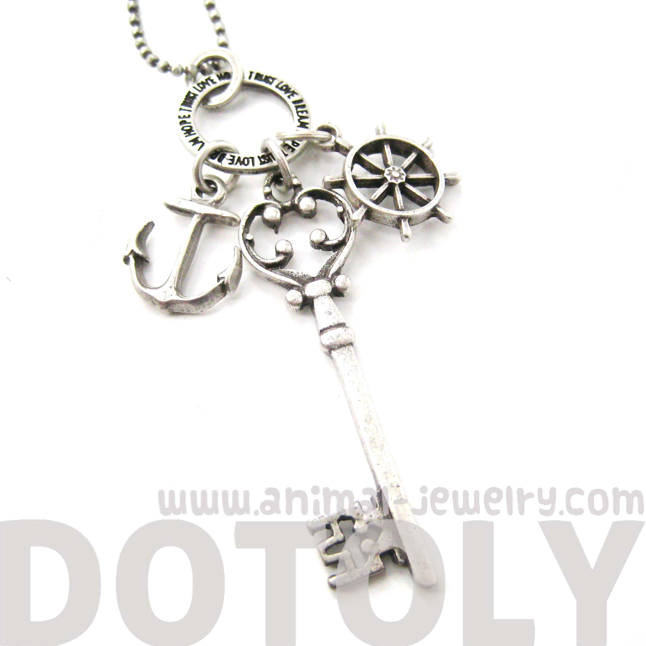 Skeleton Key Anchor and Helm Charm Necklace in Silver on Storenvy