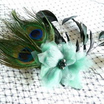 Peacock Bridal Fascinator with Green Organza Flower  - Thumbnail 1