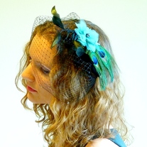 Peacock Bridal Fascinator with Green Organza Flower  - Thumbnail 3