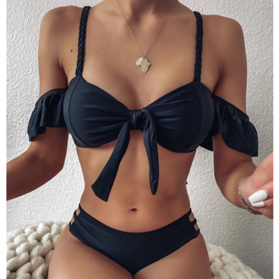 Off shoulder ruffles solid bikini set