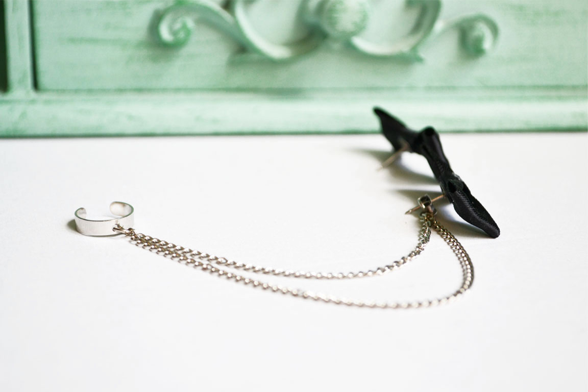 Black Satin Ribbon Bow Silver Double Chain Ear Cuff (Pair) on Storenvy