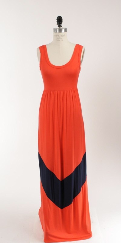 Colorblock Coral / Navy Long Tank Chevron Stripe Maxi Dress