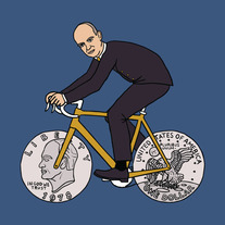 Dwight Eisenhower on bike with one dollar coin wheels 