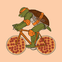 Michelangelo on bike with pizza wheels, 5x5 print