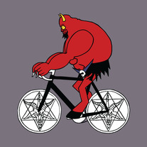 Satan riding bike with satanic symbol wheels, 5x5 print 