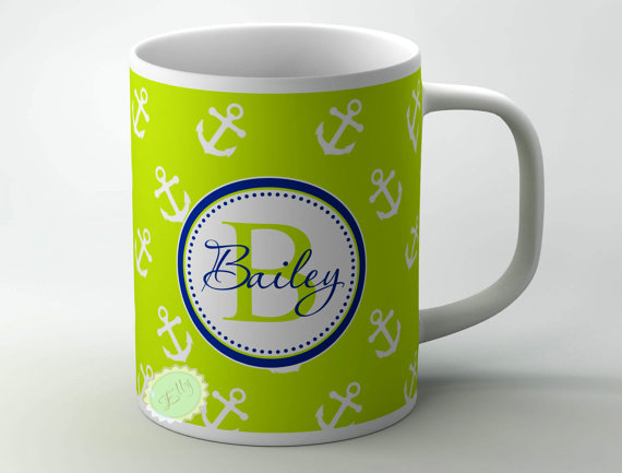 monogrammed coffee cup lime green anchors custom name or monogram