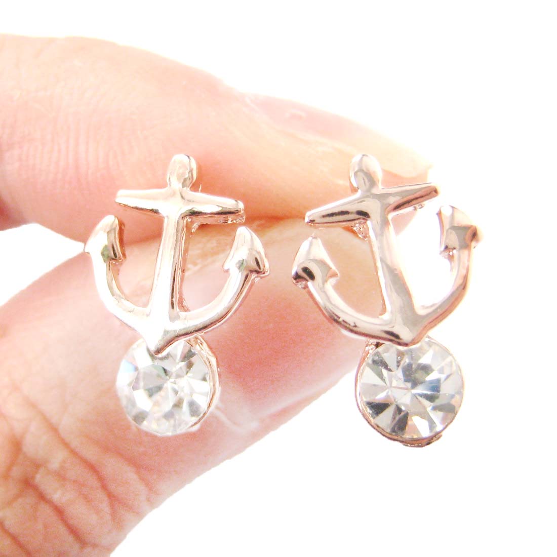 Classic Nautical Themed Anchor Shaped Stud Earrings with Rhinestones in