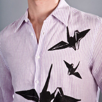 Origami Cranes Black on Pink Pinstripe linen