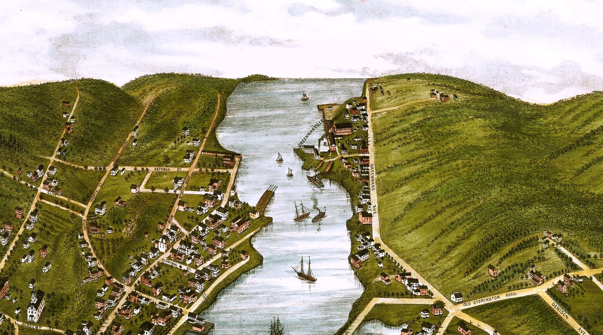 Mystic River, CT & Mystic Bridge in 1879 Bird's Eye View, Aerial map