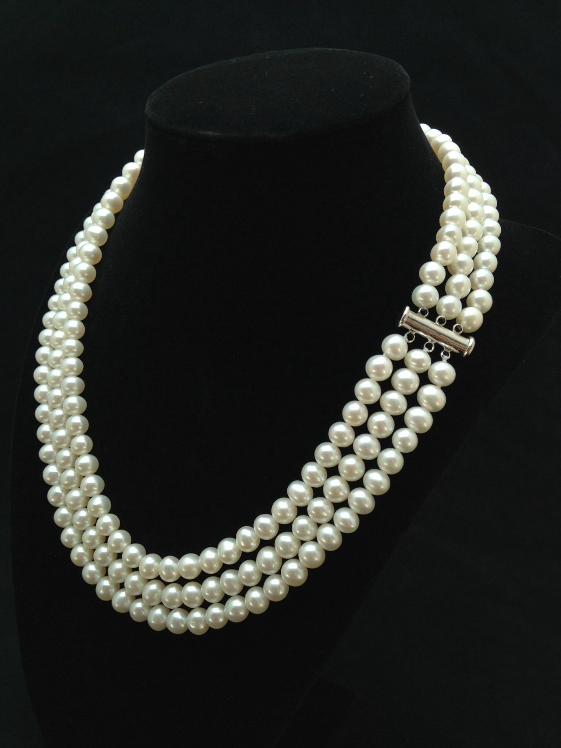 3-Strand 7-8mm Natural White Pearl Choker Necklace – 17-19 Inch, Hook Closure, Handmade
