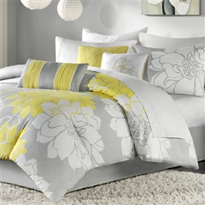 Queen 7 Piece Bed In A Bag Grey And Yellow Floral Comforter Set