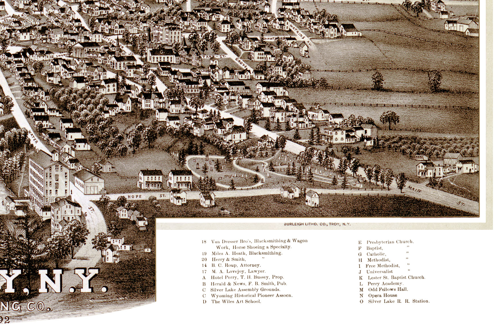 Perry, New York in 1892 Bird's Eye View, Aerial, Panorama, Vintage