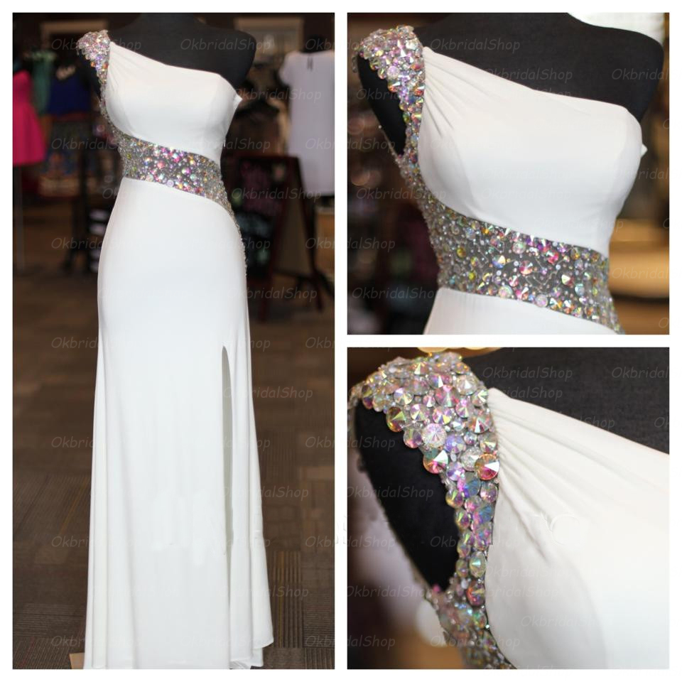 White Prom Dresses with Rhinestones