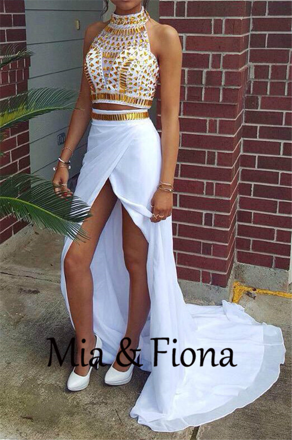Gold Rhinestones Beaded Crop Top White 